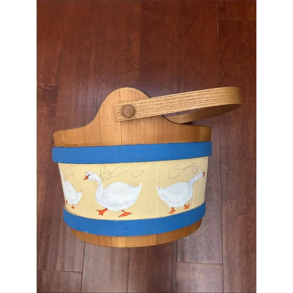 Large Vintage Basketville Goose Wooden Basket, Yellow & Blue Handmade in Vermont